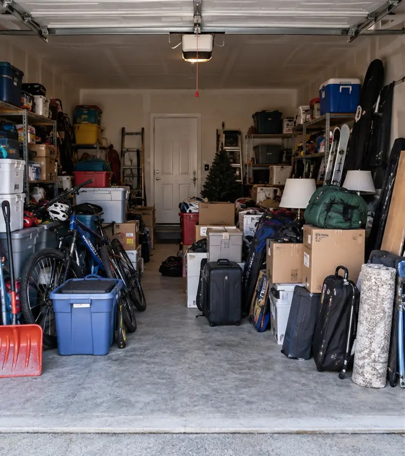 Before: bikes, boxes, bins, luggage and sports gear piled across a two-car garage floor