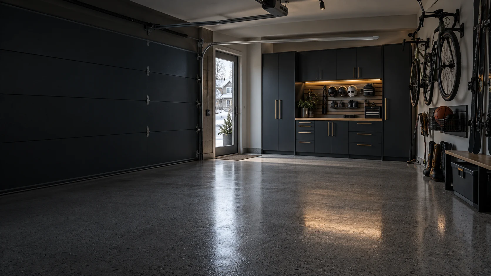 A finished Reclaim Spaces garage — black cabinetry, brass handles, polished floor