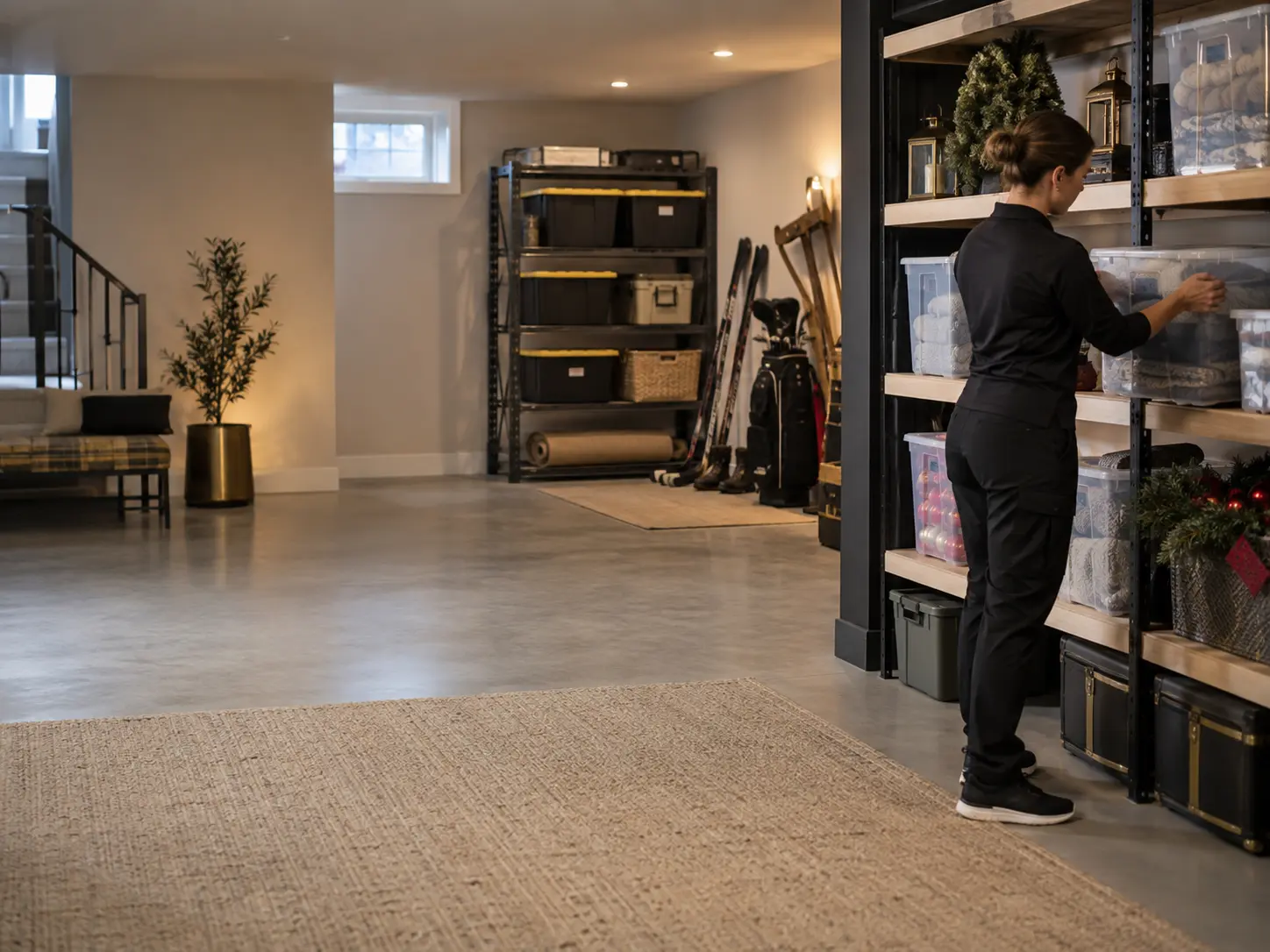 A Reclaim Spaces organizer arranging labeled bins on black shelving in a finished garage